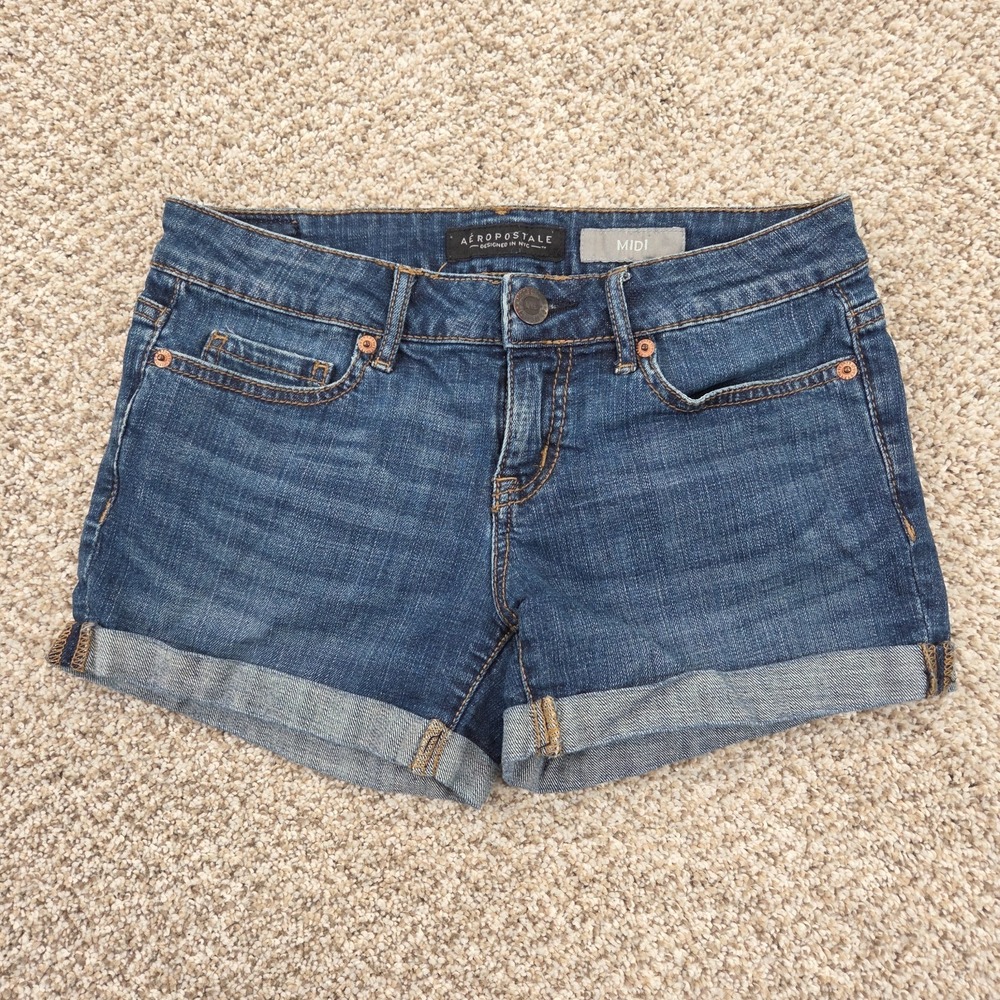 Aeropostale Midi Women's Denim‎ Cuffed Jean Shorts Size 0 (28w x 3.5 Inseam)